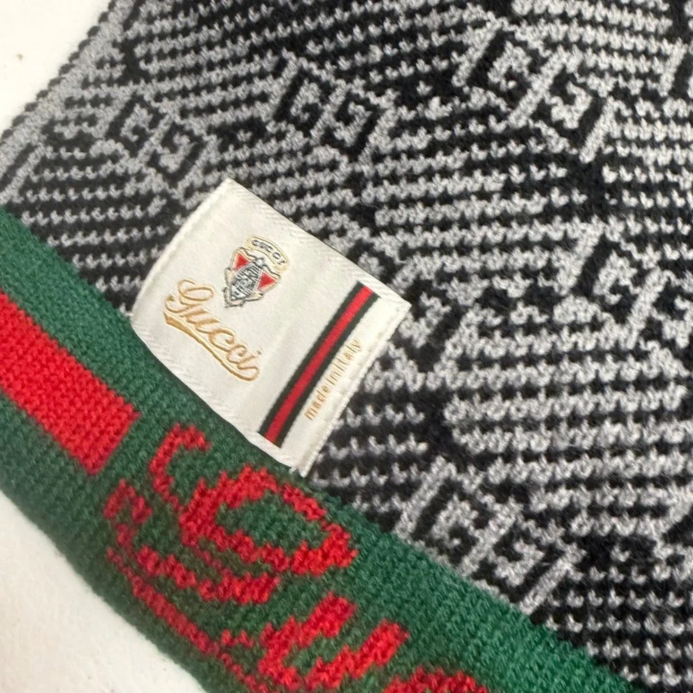 Gucci‎ GG Monogram Knit Scarf Black Grey Green Red Web Stripe Made in Italy